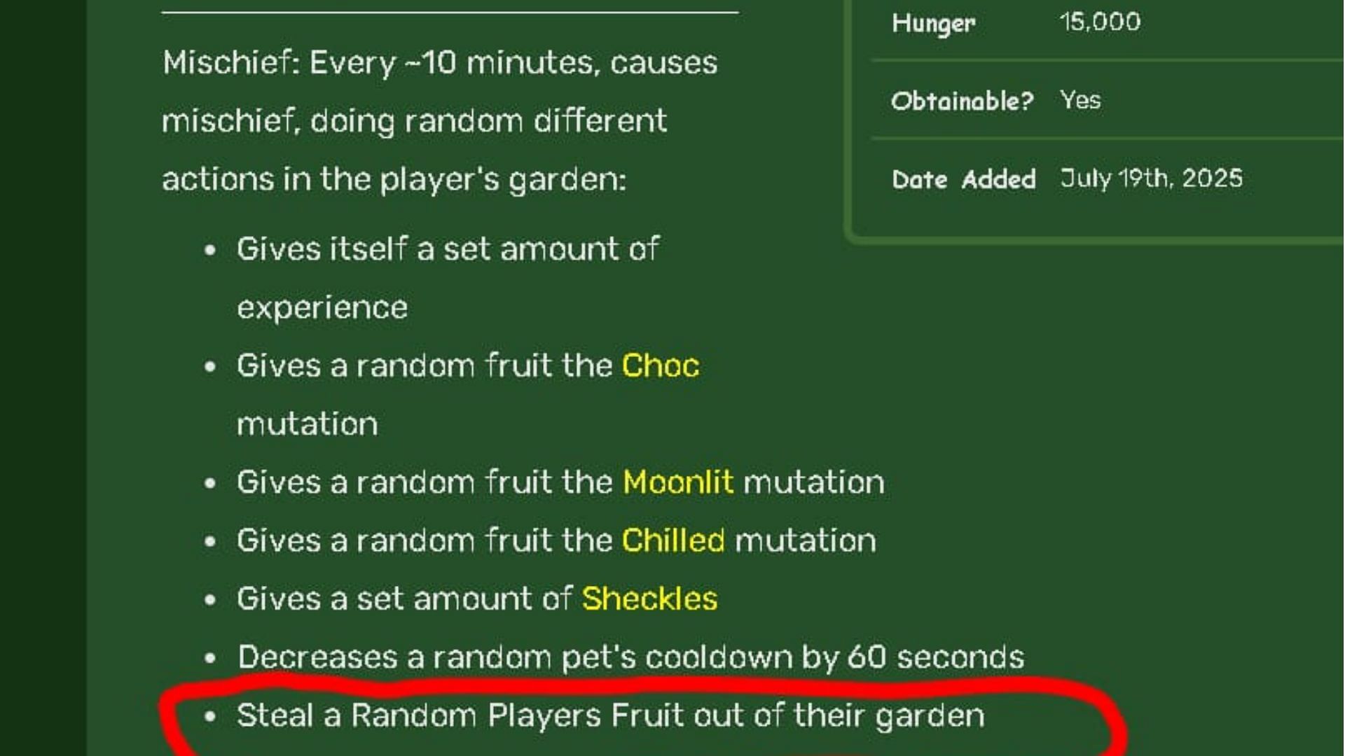 Former ability description of the Tanuki (Image via GaG Discord)